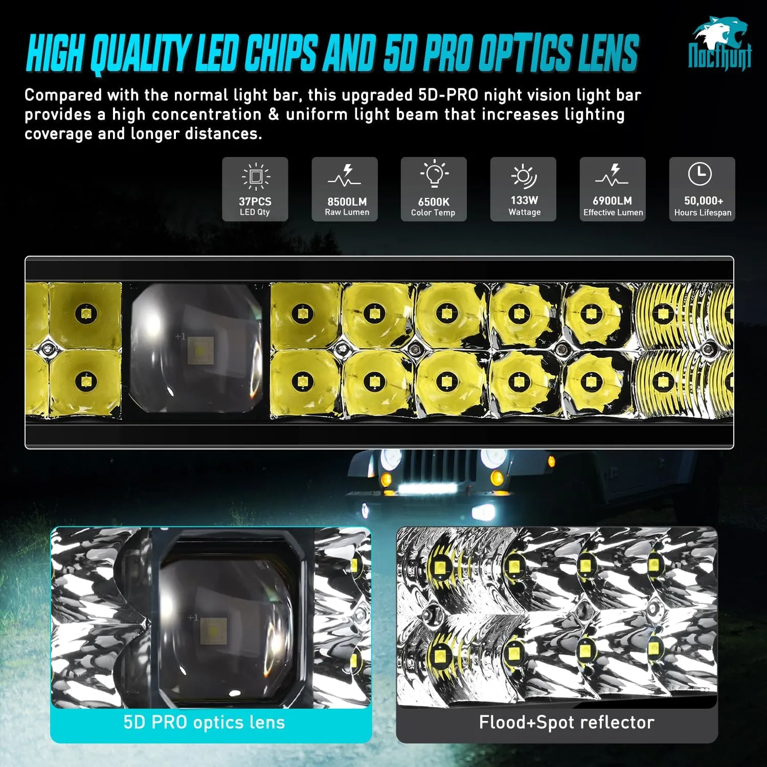 22 Inch 37LED Dual Row Spot Flood Screw-Less Night Vision LED Light Bar | 16AWG Wire 5Pin Switch