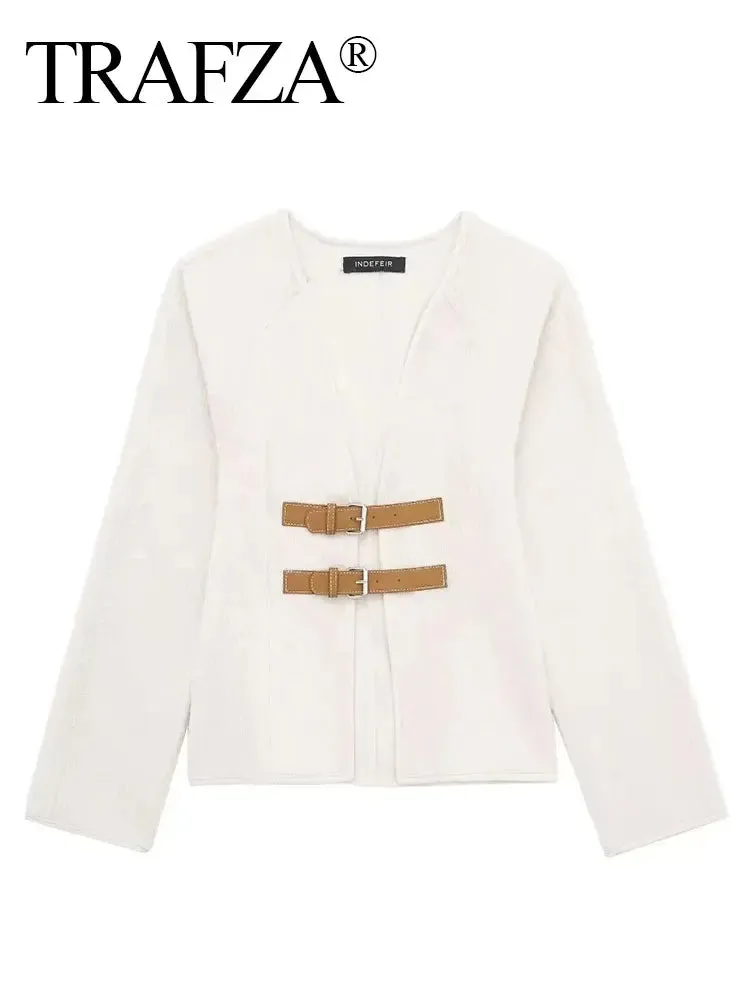 Back To School Joskaa Retro Leather Buckle Woolen Coat Women Fashion Solid V Neck Long Sleeve Beige Jacket Autumn Spring Chic Female Streetwear