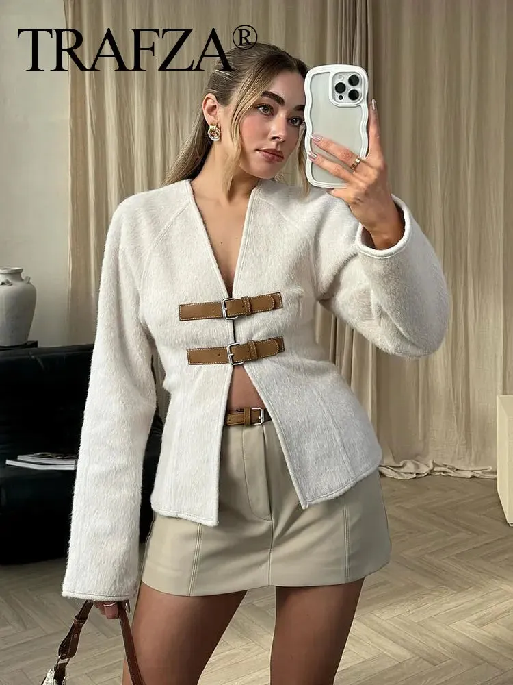 Back To School Joskaa Retro Leather Buckle Woolen Coat Women Fashion Solid V Neck Long Sleeve Beige Jacket Autumn Spring Chic Female Streetwear
