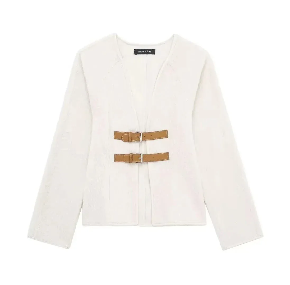 Back To School Joskaa Retro Leather Buckle Woolen Coat Women Fashion Solid V Neck Long Sleeve Beige Jacket Autumn Spring Chic Female Streetwear