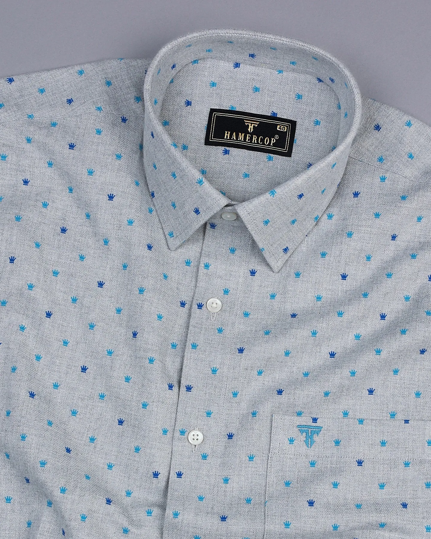 Blue Crown Printed Gray Color Plaid Flannel Cotton Shirt