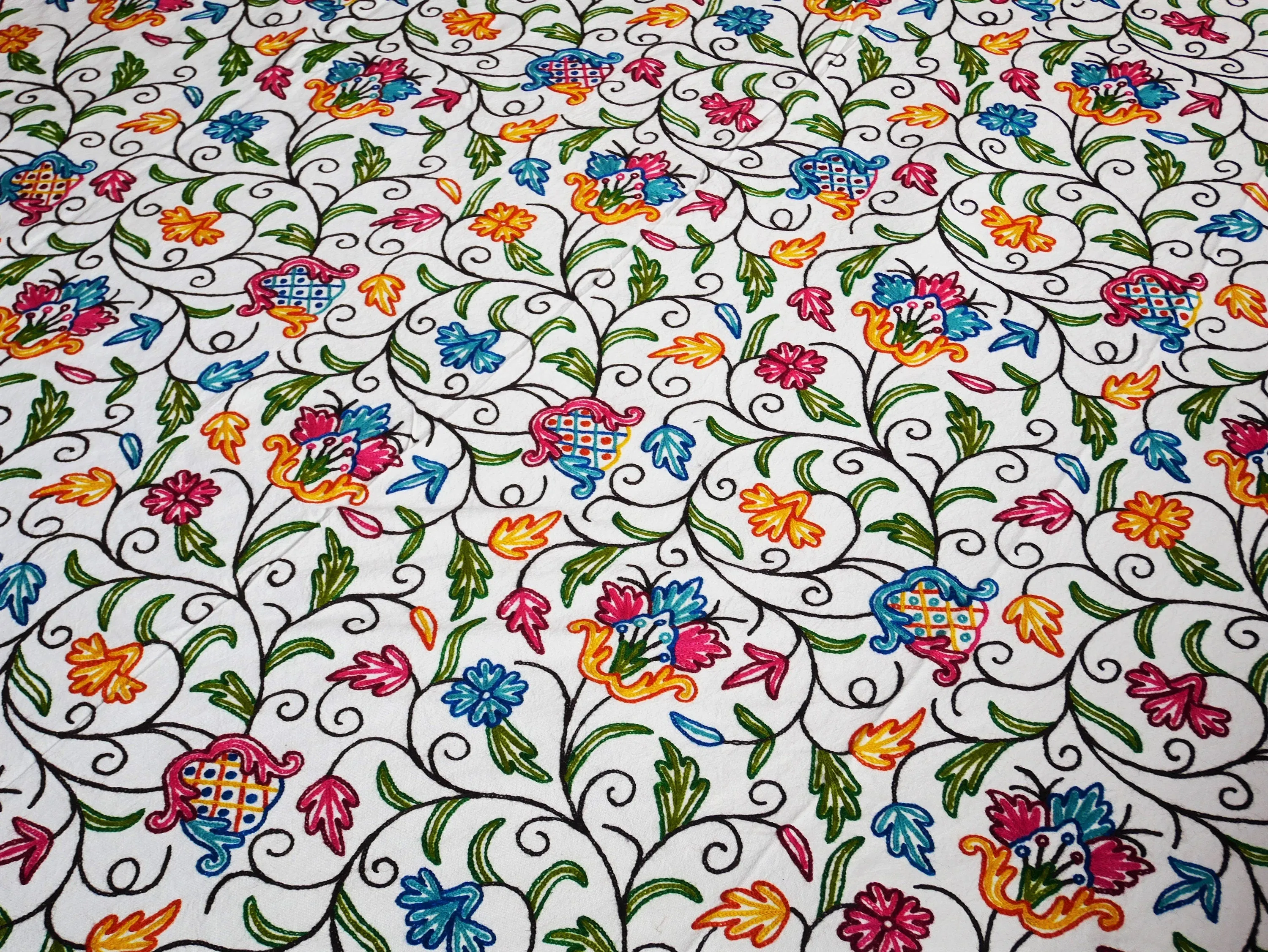 Bohemian bedding - luxury Indian bed throw | Kashmir Crewel embroidery - colorful bedspread, floral design