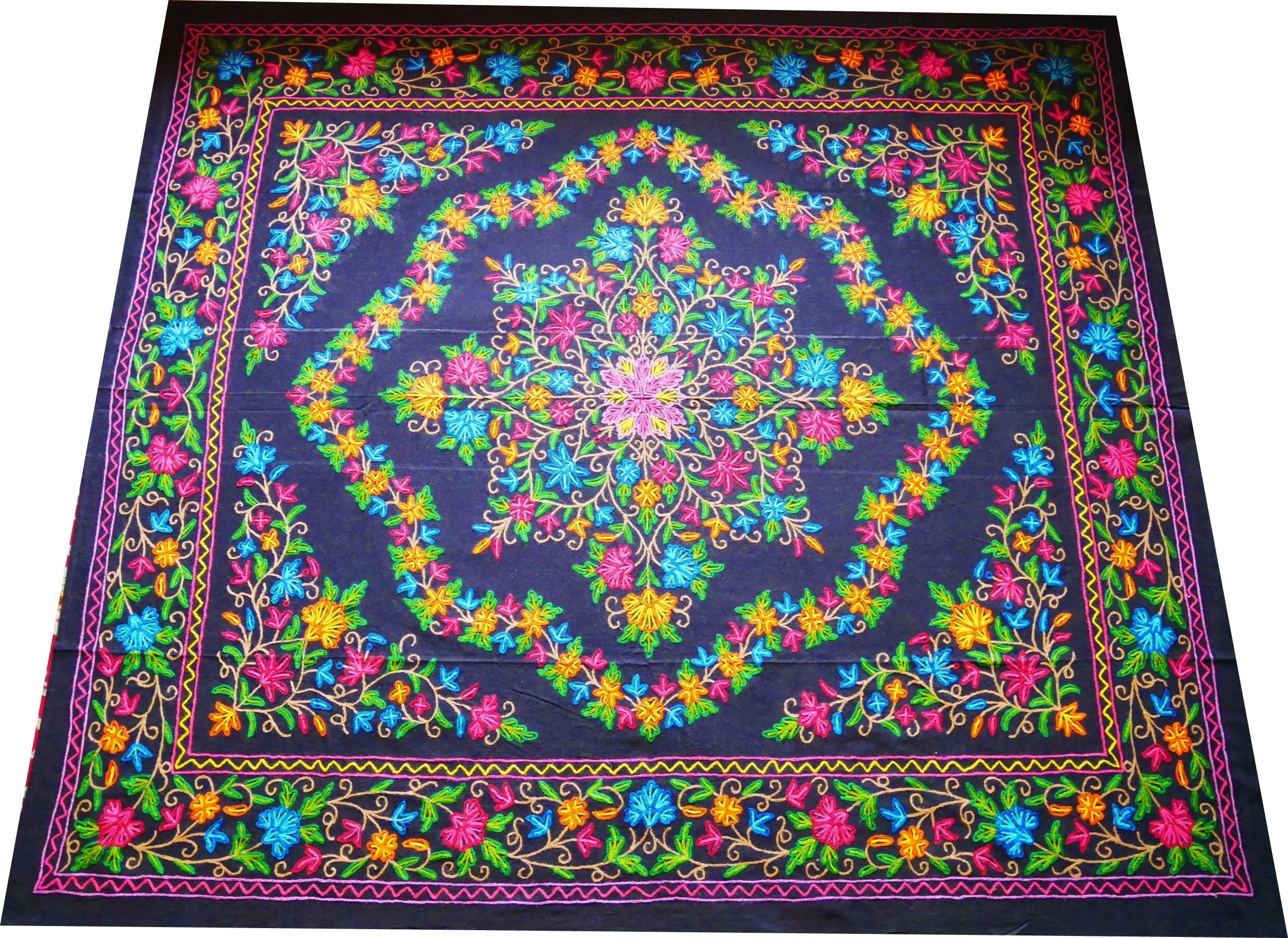 Boho bedding "Shanti Garden" luxury bed cover - hand embroidered queen bedspread - black cotton, floral embroidery -  bohemian throw