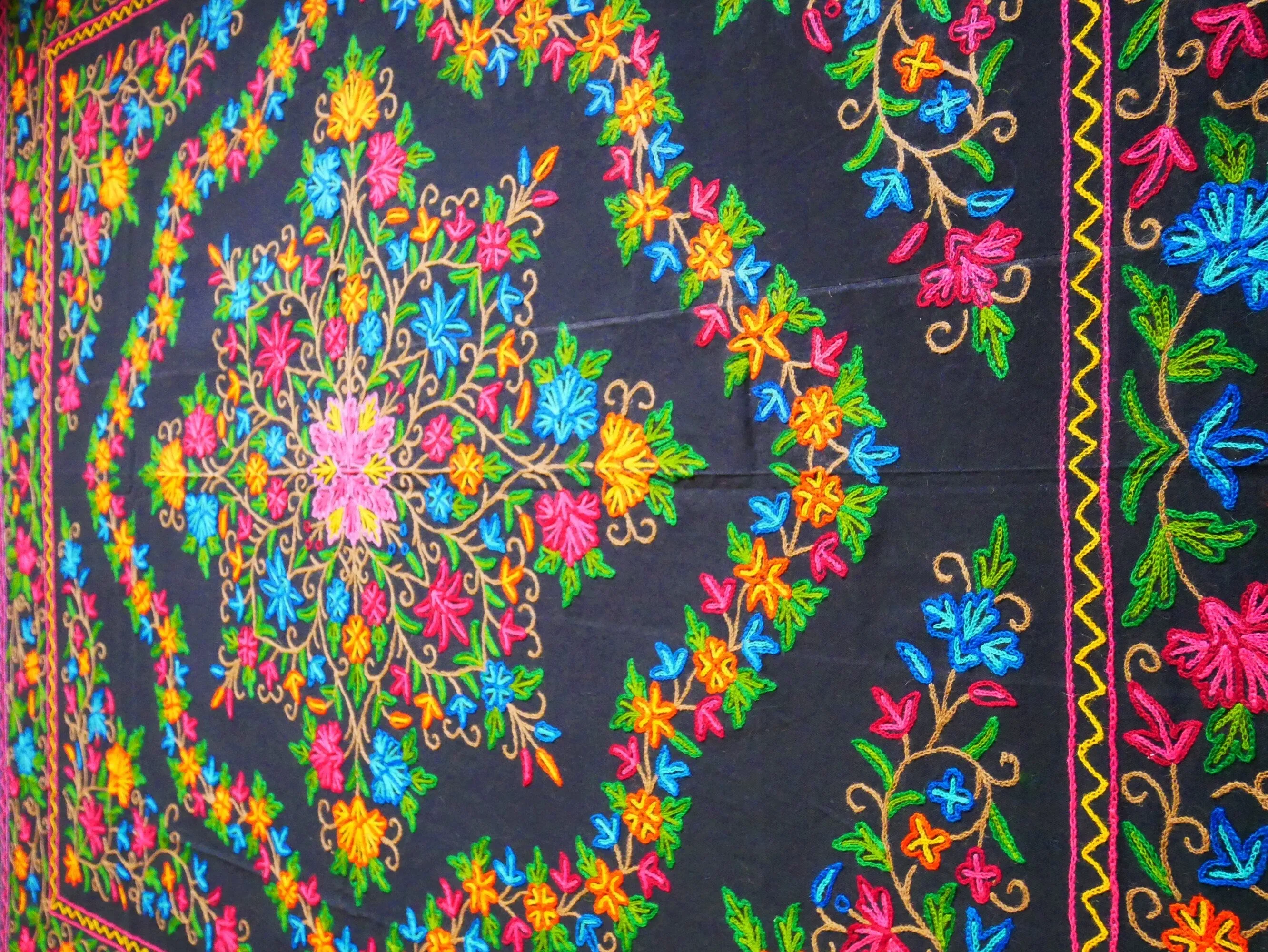 Boho bedding "Shanti Garden" luxury bed cover - hand embroidered queen bedspread - black cotton, floral embroidery -  bohemian throw