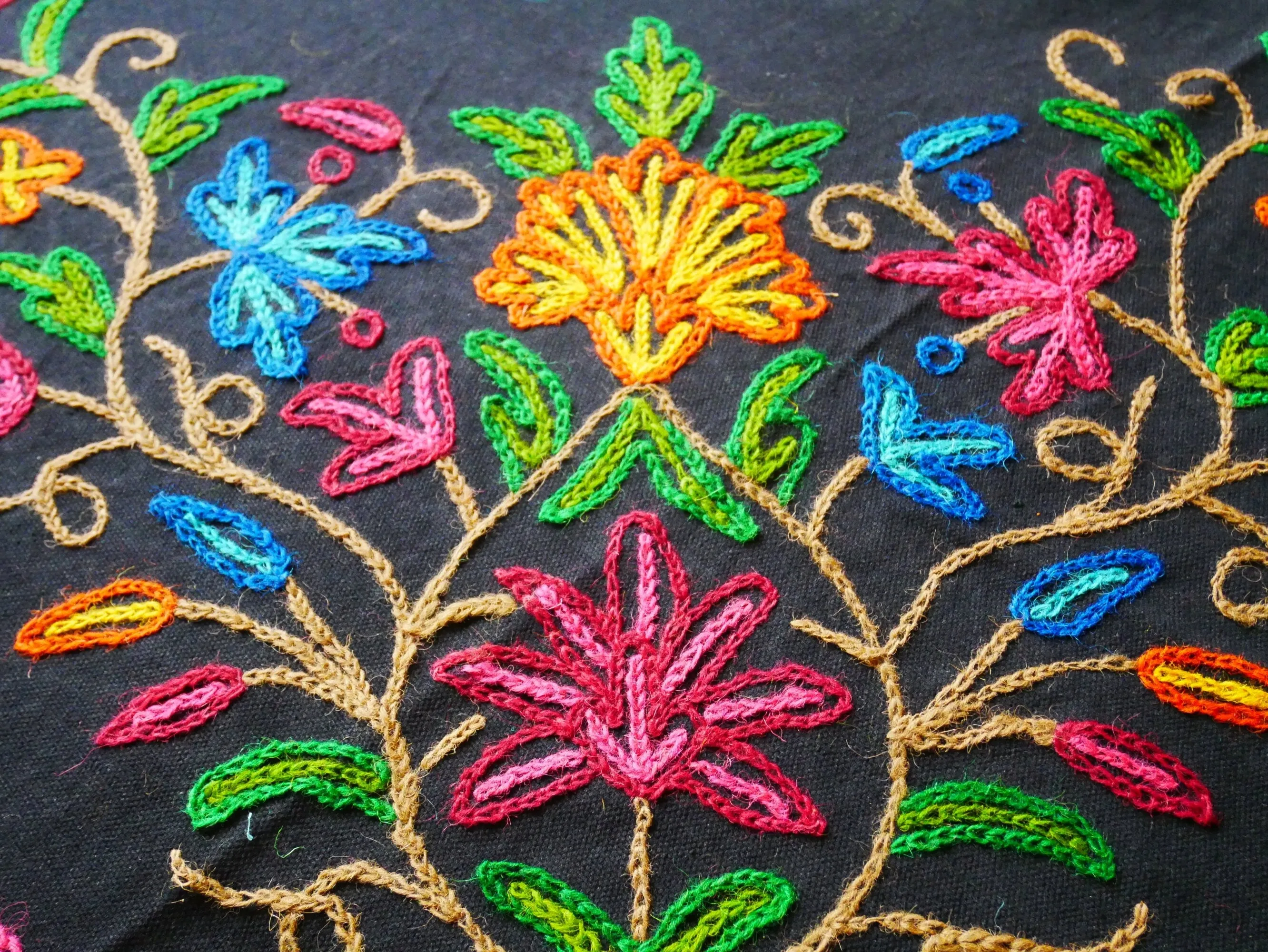 Boho bedding "Shanti Garden" luxury bed cover - hand embroidered queen bedspread - black cotton, floral embroidery -  bohemian throw