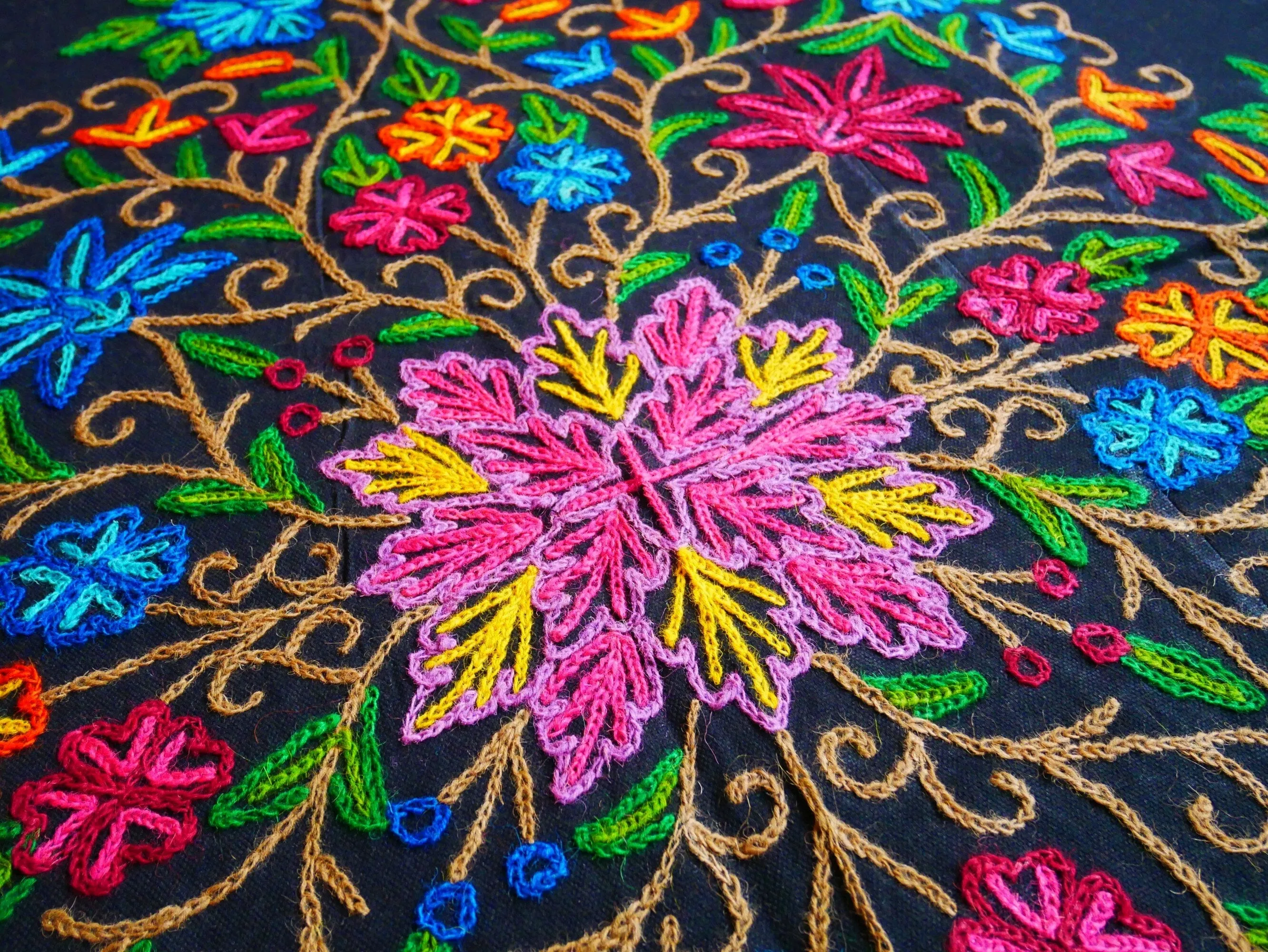 Boho bedding "Shanti Garden" luxury bed cover - hand embroidered queen bedspread - black cotton, floral embroidery -  bohemian throw