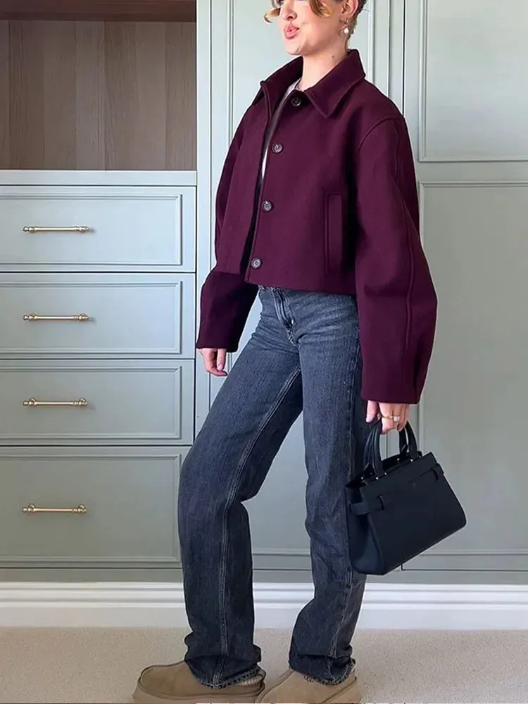 Burgundy Short Woolen Blend Jacket Women Solid Lapel Long Sleeve Single Breasted Casual Coat Autumn Winter Female Chic Outerwear