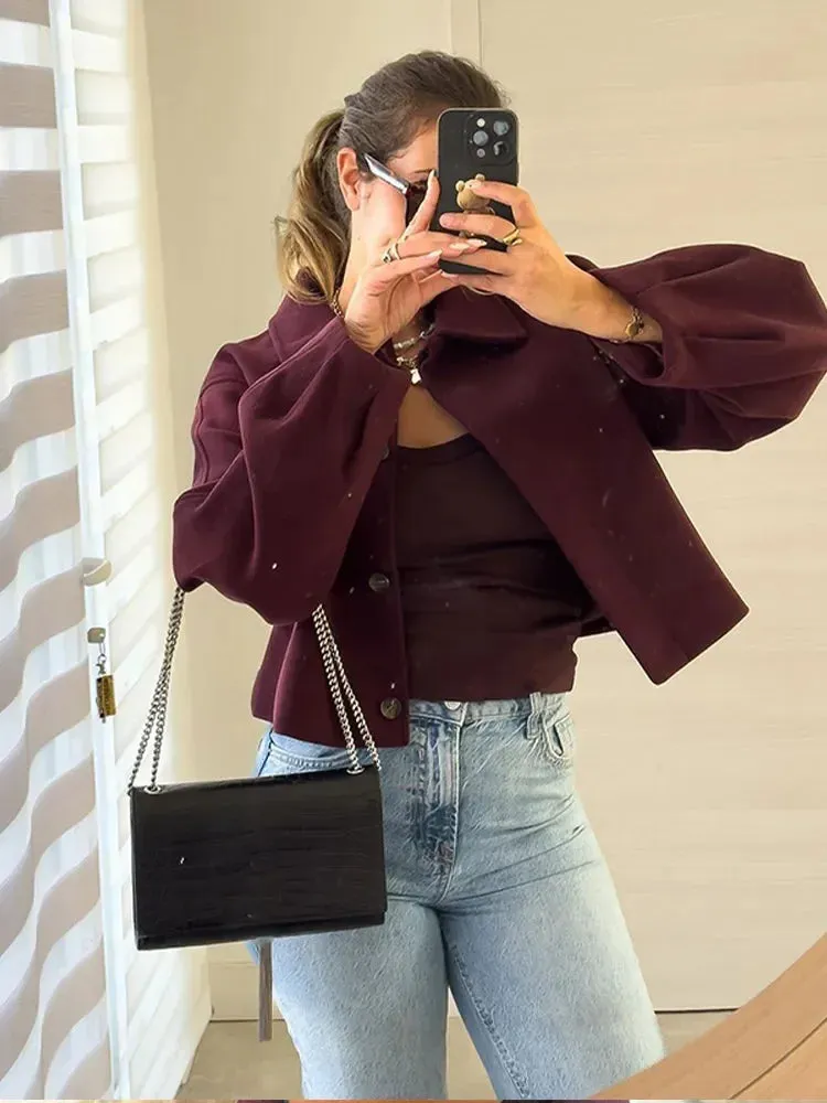 Burgundy Short Woolen Blend Jacket Women Solid Lapel Long Sleeve Single Breasted Casual Coat Autumn Winter Female Chic Outerwear