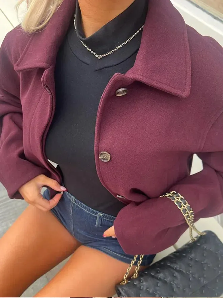 Burgundy Short Woolen Blend Jacket Women Solid Lapel Long Sleeve Single Breasted Casual Coat Autumn Winter Female Chic Outerwear
