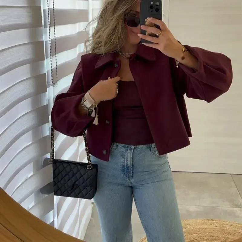 Burgundy Short Woolen Blend Jacket Women Solid Lapel Long Sleeve Single Breasted Casual Coat Autumn Winter Female Chic Outerwear