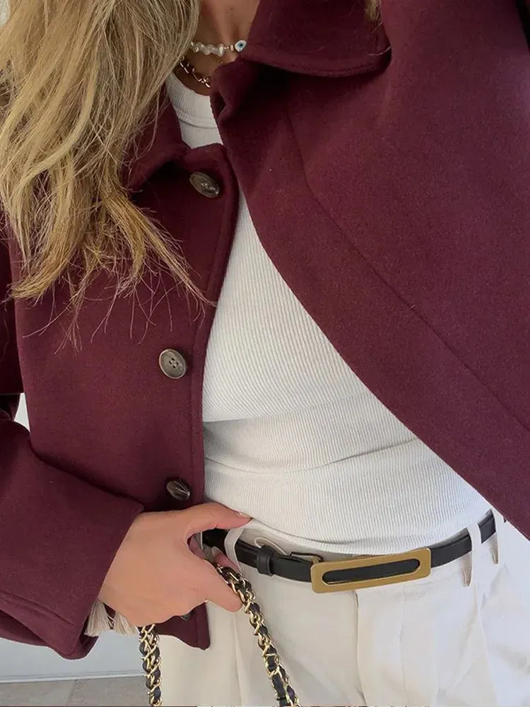 Burgundy Short Woolen Blend Jacket Women Solid Lapel Long Sleeve Single Breasted Casual Coat Autumn Winter Female Chic Outerwear