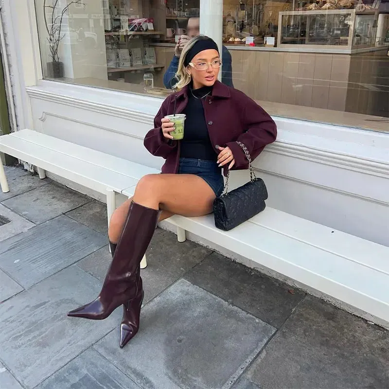 Burgundy Short Woolen Blend Jacket Women Solid Lapel Long Sleeve Single Breasted Casual Coat Autumn Winter Female Chic Outerwear