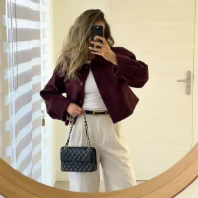 Burgundy Short Woolen Blend Jacket Women Solid Lapel Long Sleeve Single Breasted Casual Coat Autumn Winter Female Chic Outerwear