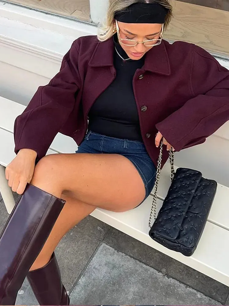 Burgundy Short Woolen Blend Jacket Women Solid Lapel Long Sleeve Single Breasted Casual Coat Autumn Winter Female Chic Outerwear