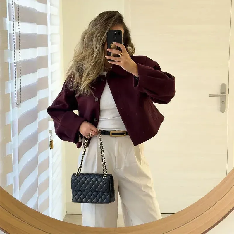 Burgundy Short Woolen Blend Jacket Women Solid Lapel Long Sleeve Single Breasted Casual Coat Autumn Winter Female Chic Outerwear