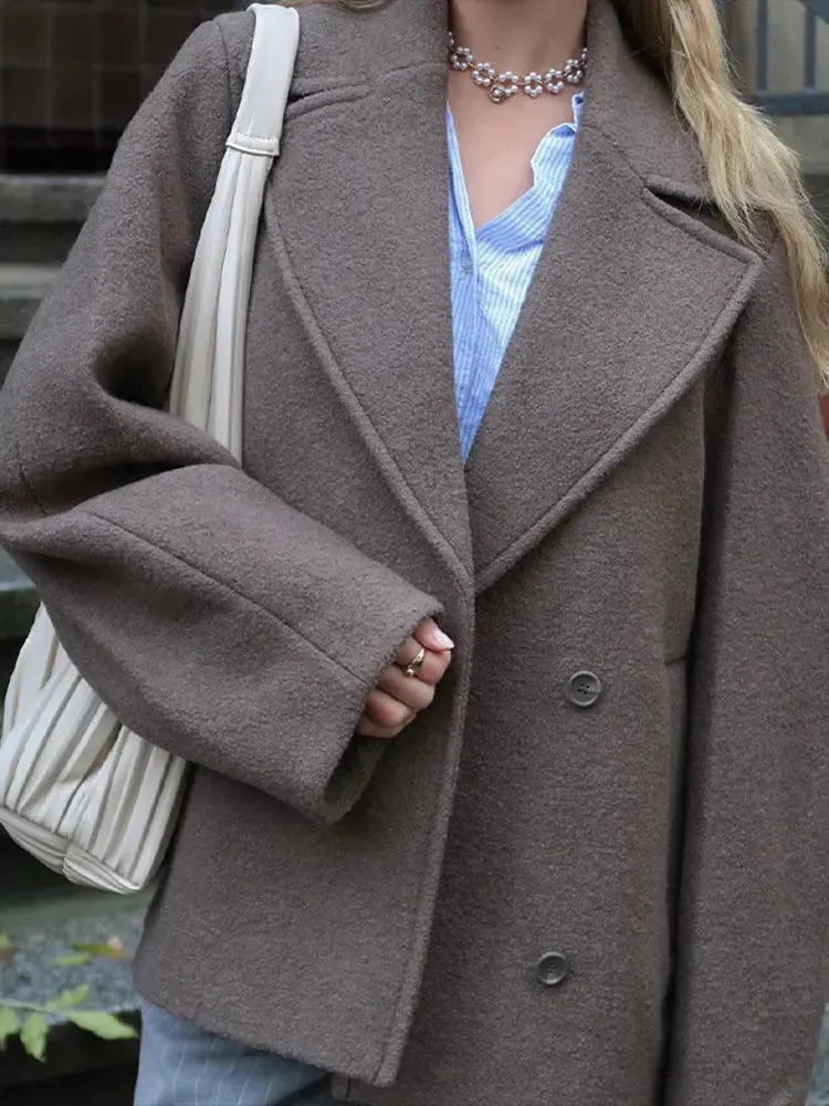 Chic Solid Lapel Long Sleeve Women's Woolen Coats Casual Oversized Pocket Single Breasted Jacket Female Vintage Outerwear