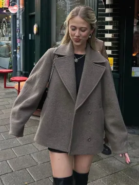 Chic Solid Lapel Long Sleeve Women's Woolen Coats Casual Oversized Pocket Single Breasted Jacket Female Vintage Outerwear