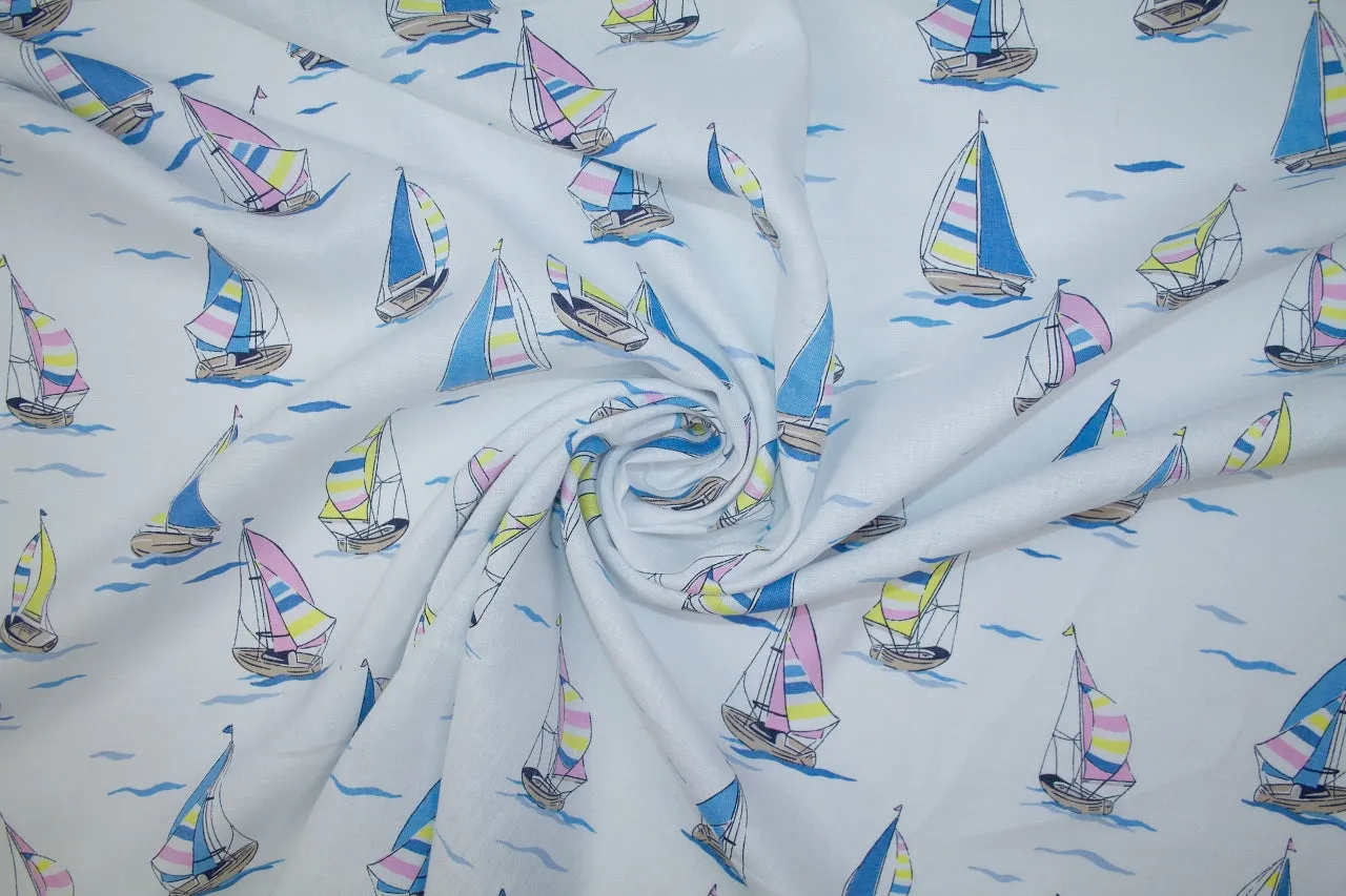 Come Sail Away Linen - Blue/Pink/Yellow on White