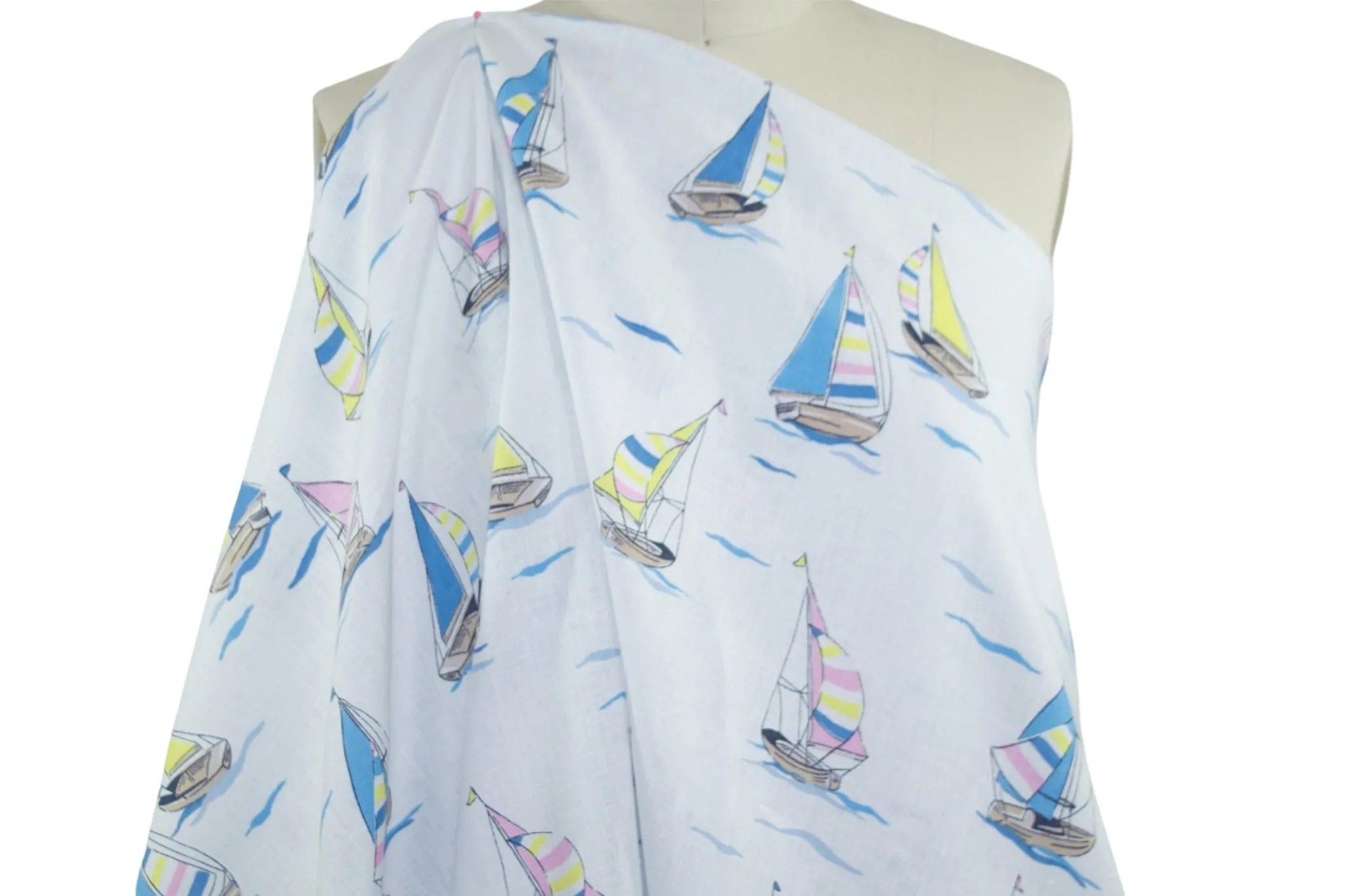 Come Sail Away Linen - Blue/Pink/Yellow on White
