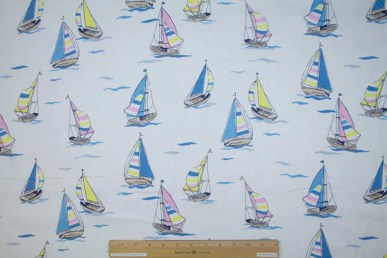 Come Sail Away Linen - Blue/Pink/Yellow on White