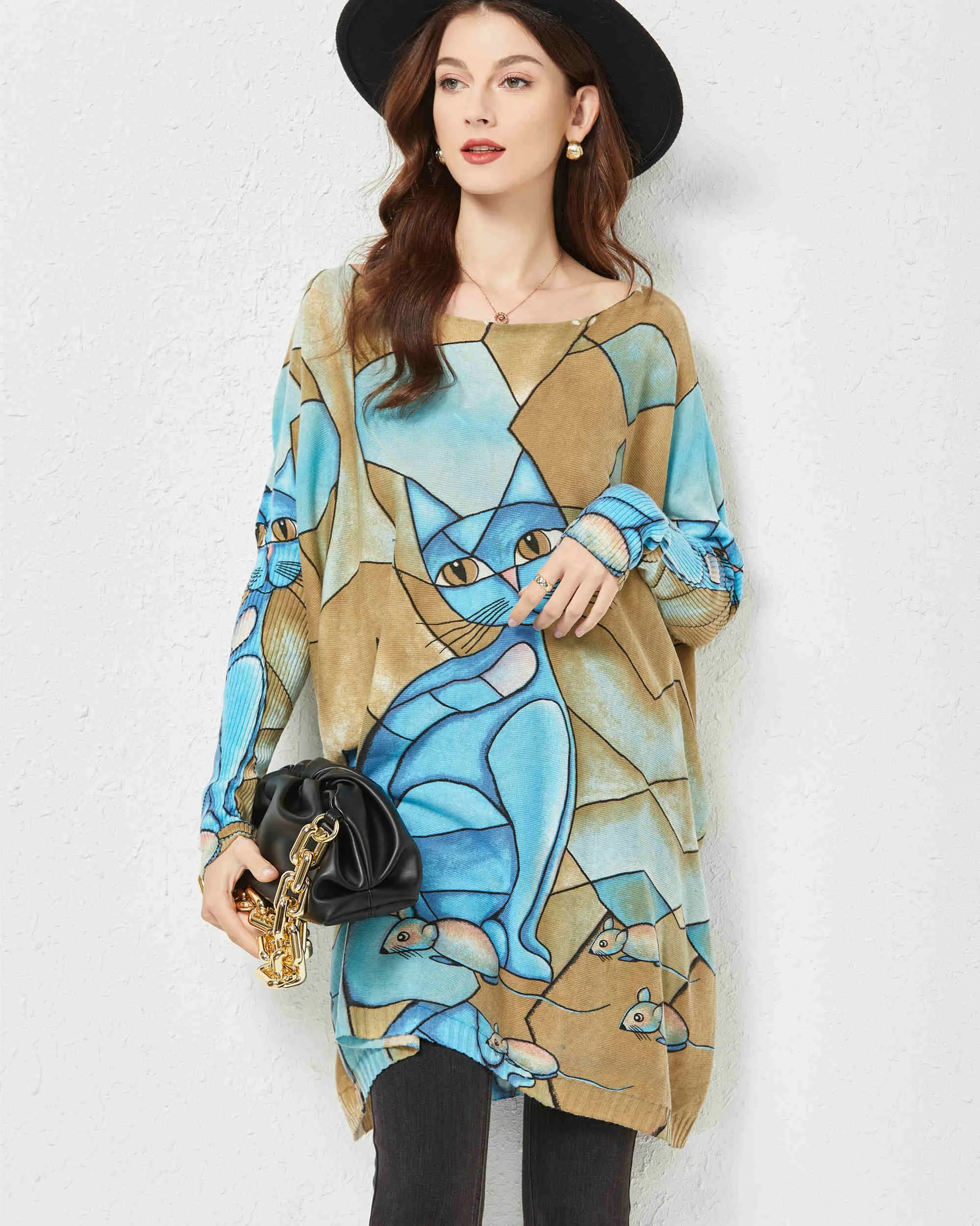 ellazhu Women Long Sleeve Cat Crewneck Pullover Sweater Sweatshirts DH41