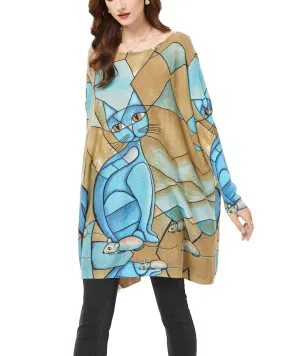 ellazhu Women Long Sleeve Cat Crewneck Pullover Sweater Sweatshirts DH41