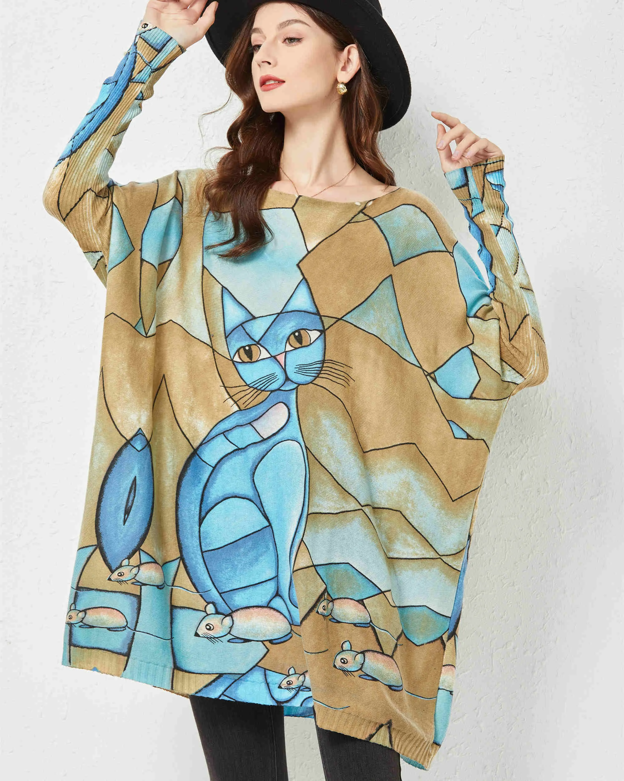 ellazhu Women Long Sleeve Cat Crewneck Pullover Sweater Sweatshirts DH41