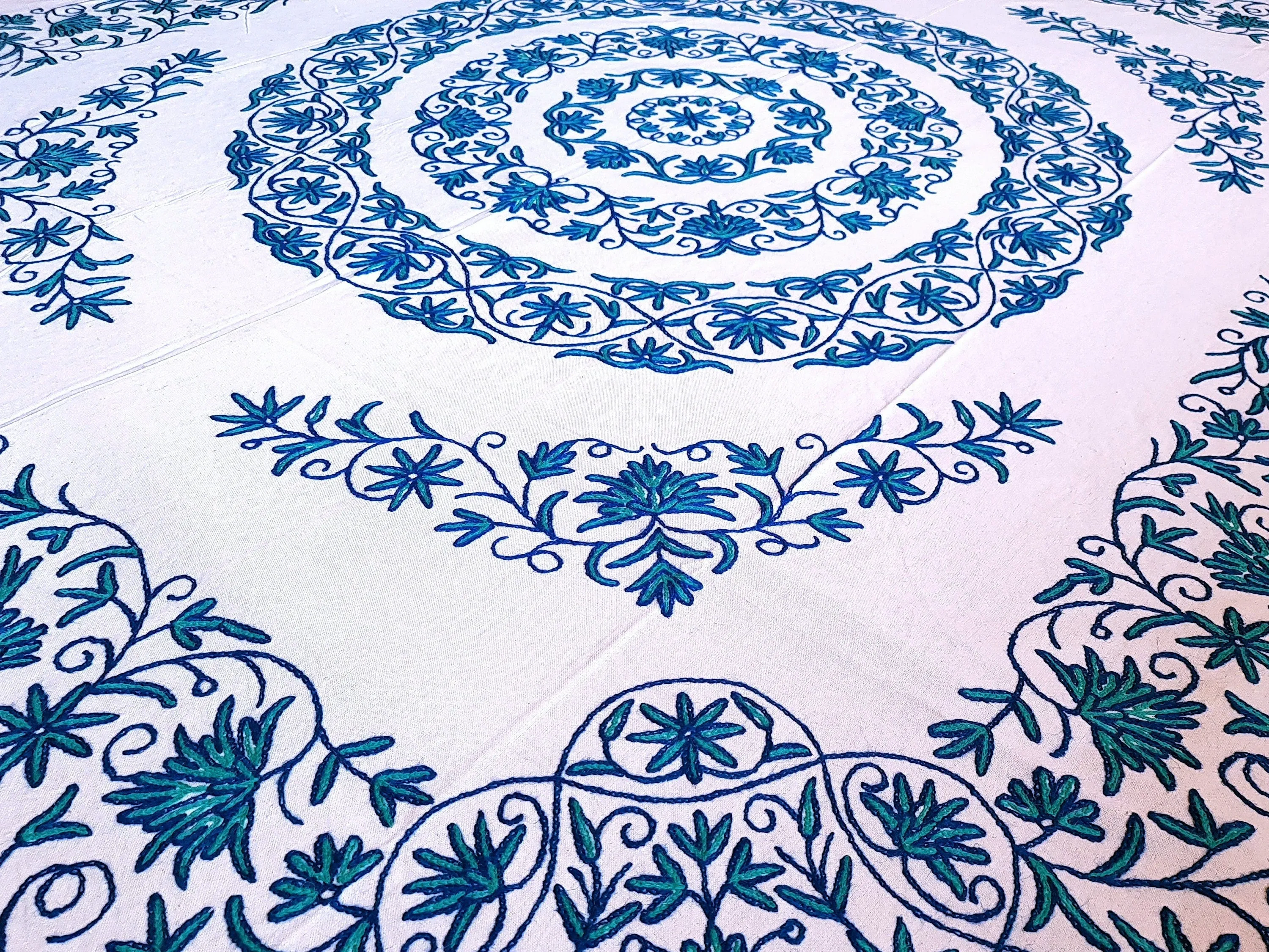 Embroidered bed throw luxury Indian bedding | Kashmir Crewel embroidery - colorful bohemian bedspread|  Mandala bedcover boho wall tapestry