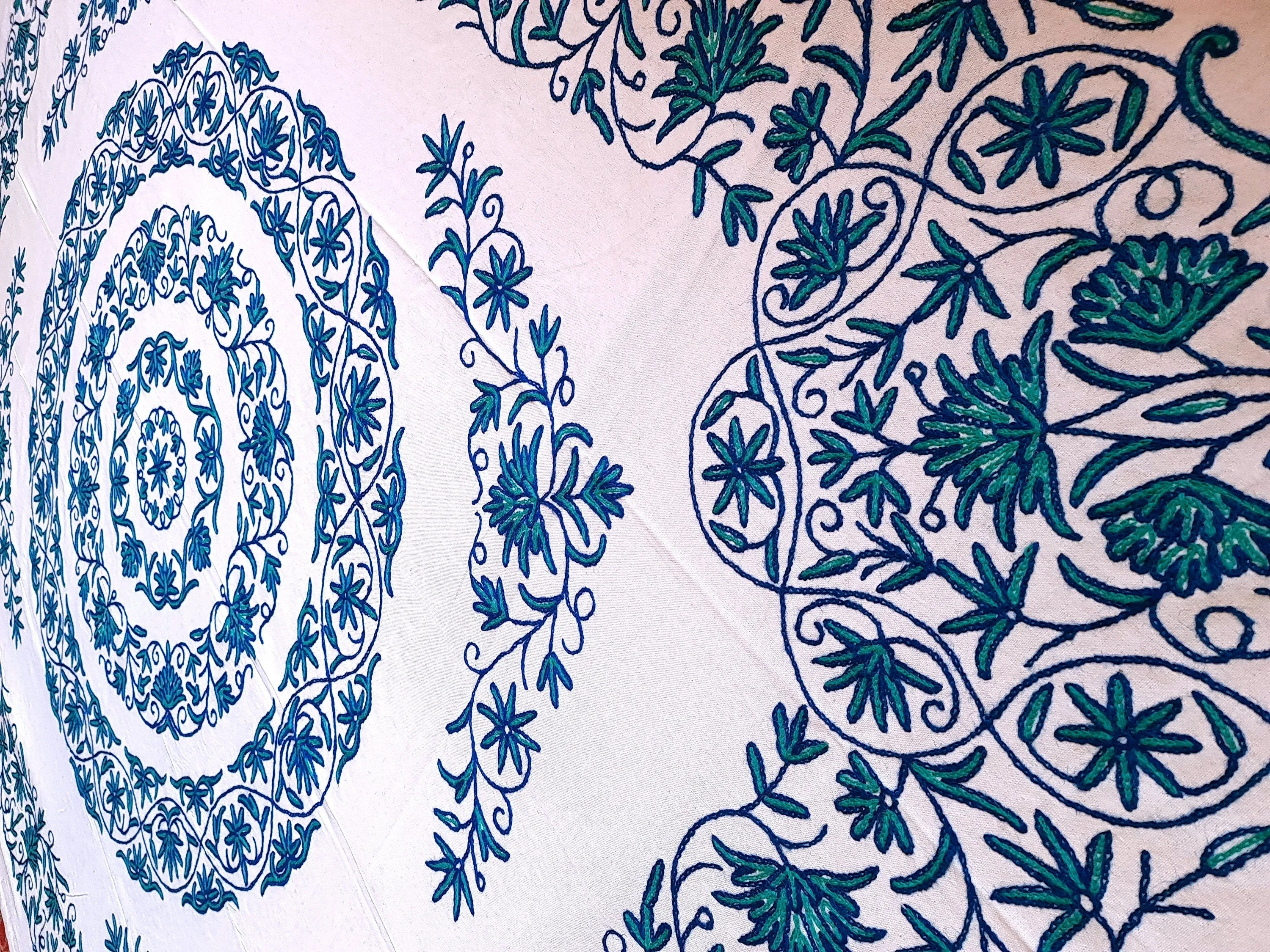 Embroidered bed throw luxury Indian bedding | Kashmir Crewel embroidery - colorful bohemian bedspread|  Mandala bedcover boho wall tapestry