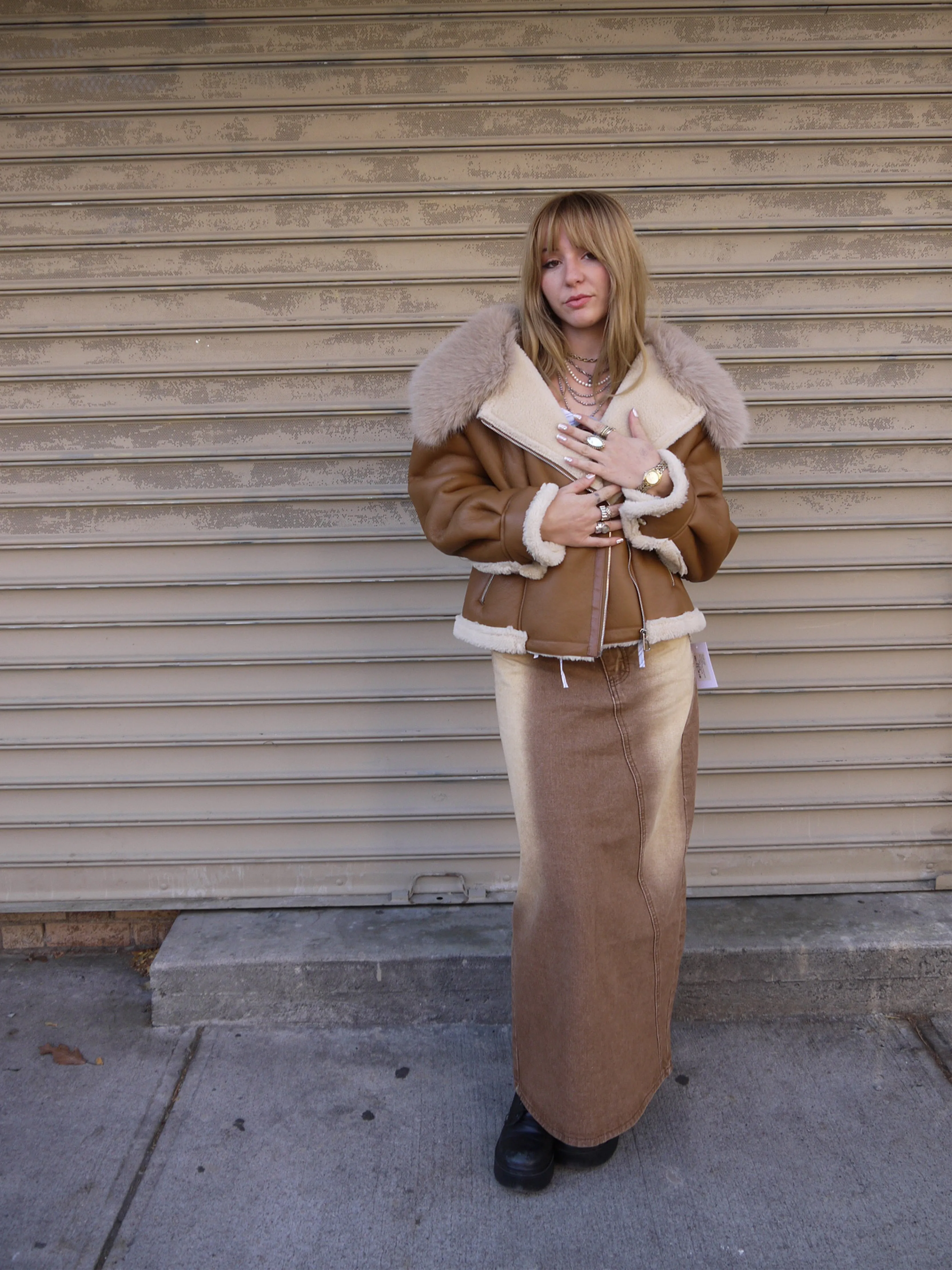 faux leather fuzzy collar jacket