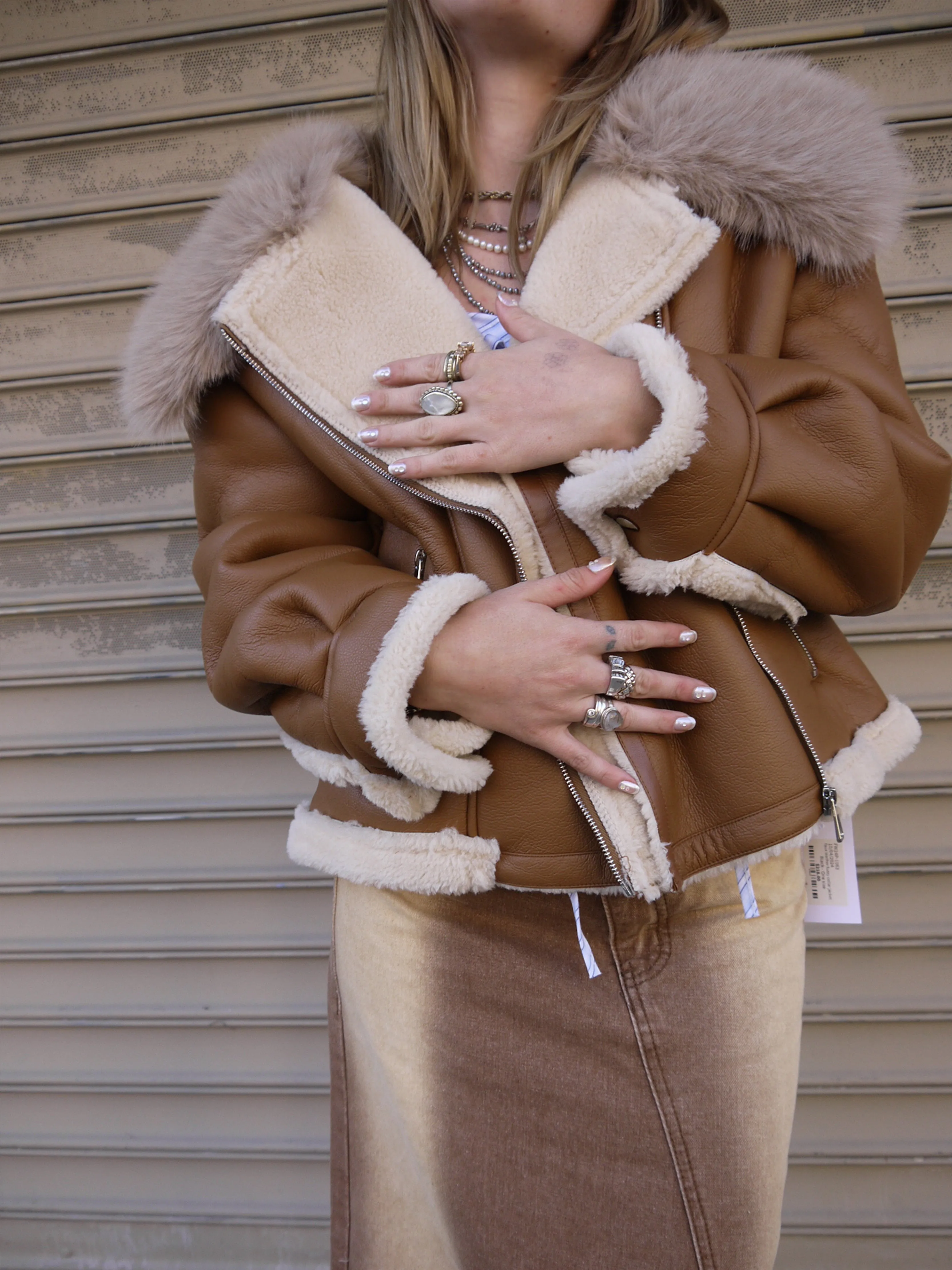 faux leather fuzzy collar jacket