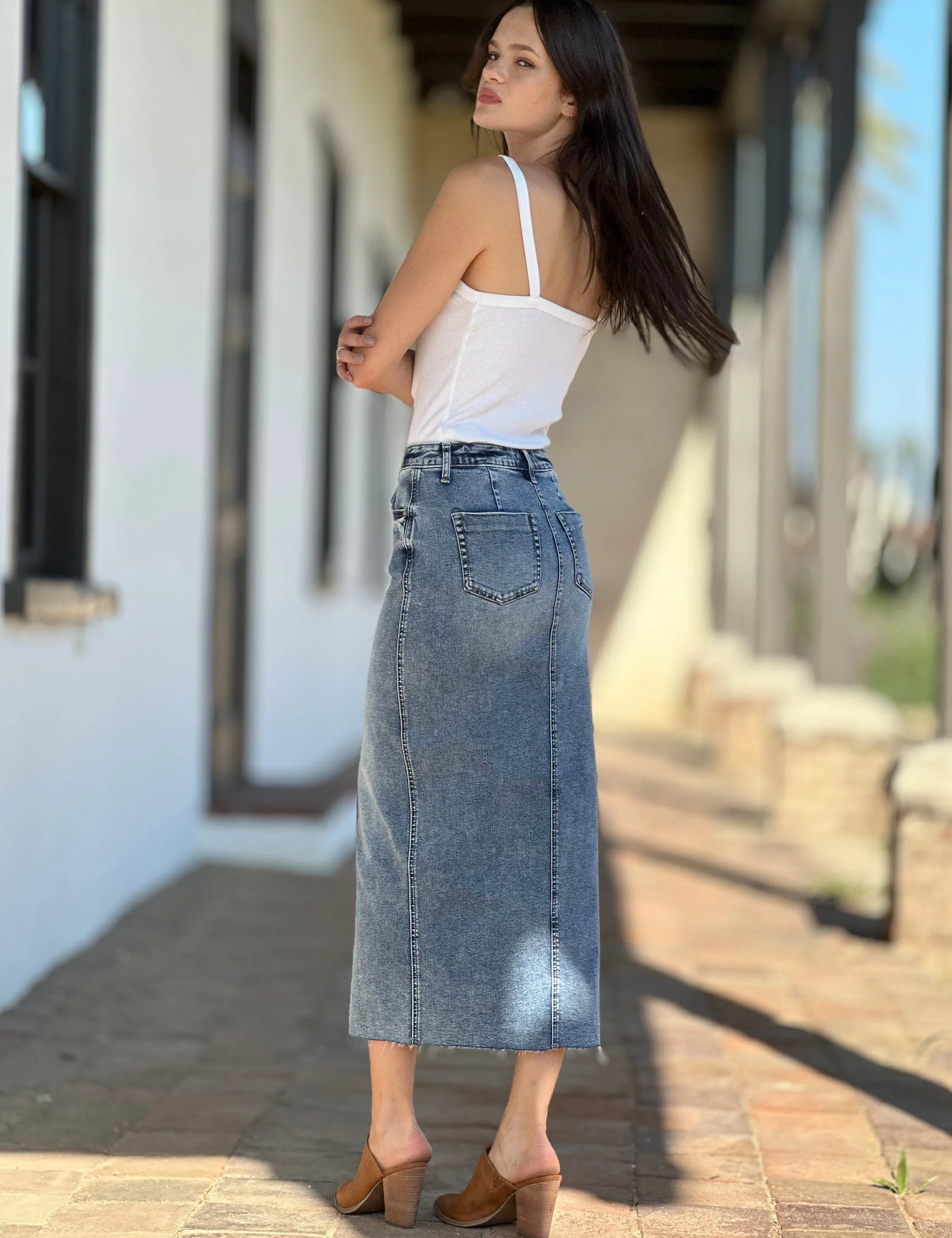 Front Slit Classic Denim Midi Skirt