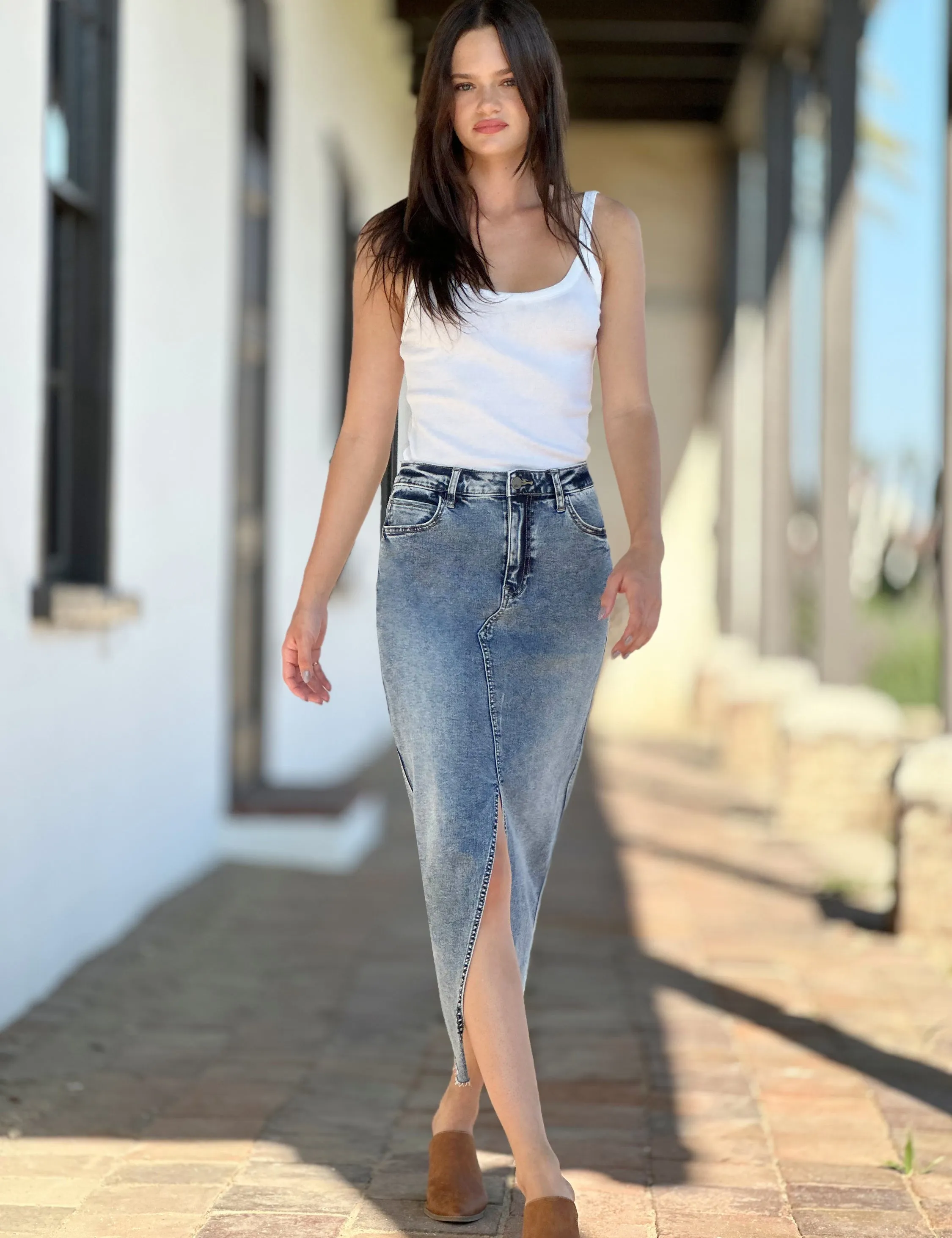 Front Slit Classic Denim Midi Skirt
