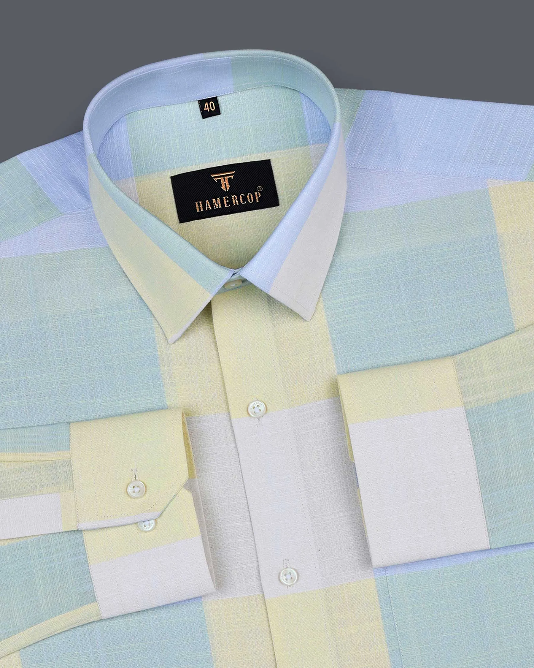 Glimmer Blue And Green Multicolored Check Linen Cotton Shirt