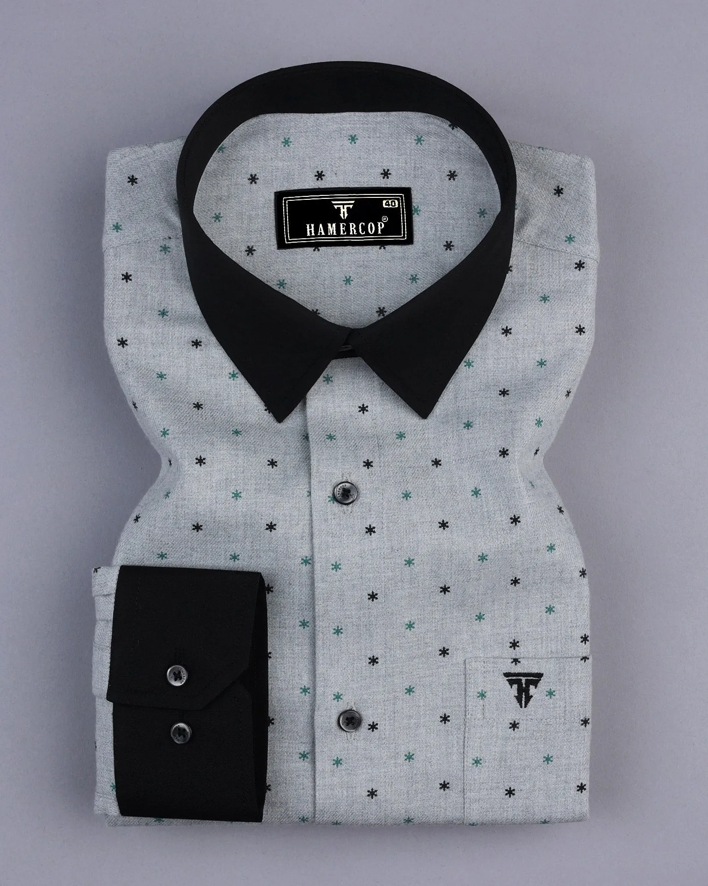 Gray With Black Star Printed Plaid Flannel Designer Cotton Shirt