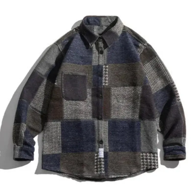 Houndstooth Spliced Patchwork Woolen Plaid Longsleeve