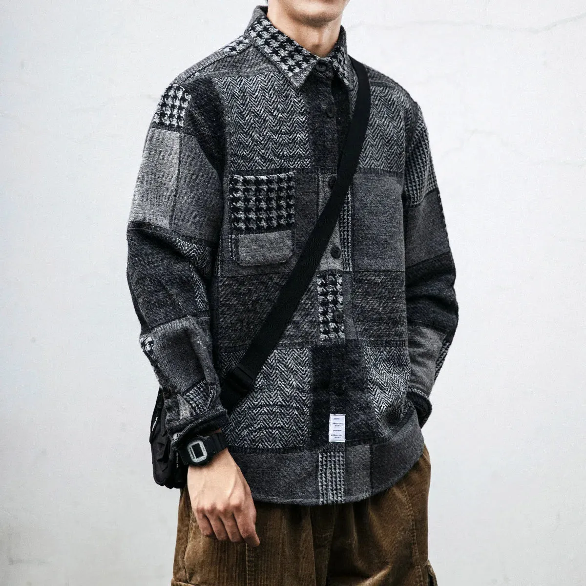Houndstooth Spliced Patchwork Woolen Plaid Longsleeve