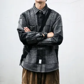 Houndstooth Spliced Patchwork Woolen Plaid Longsleeve