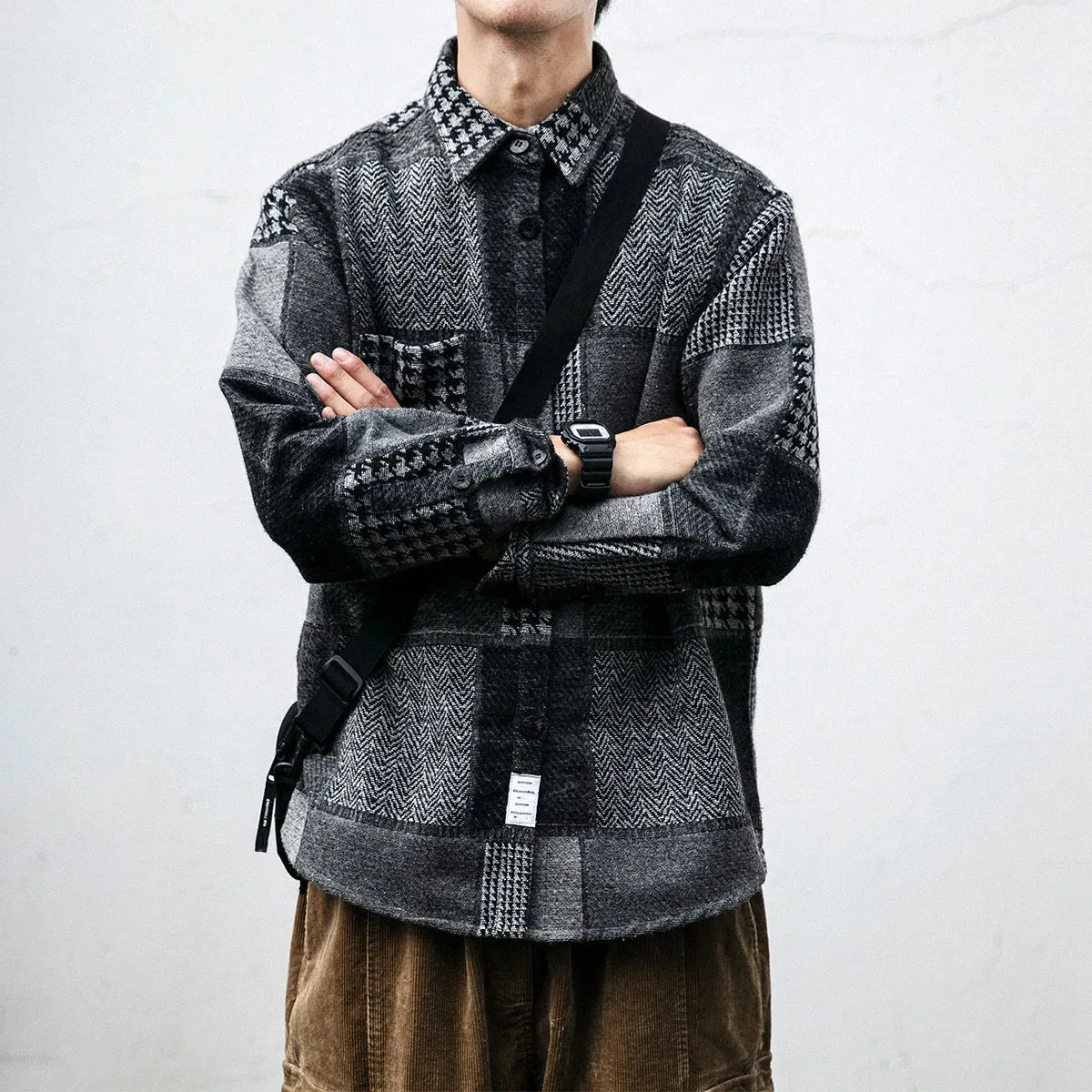 Houndstooth Spliced Patchwork Woolen Plaid Longsleeve