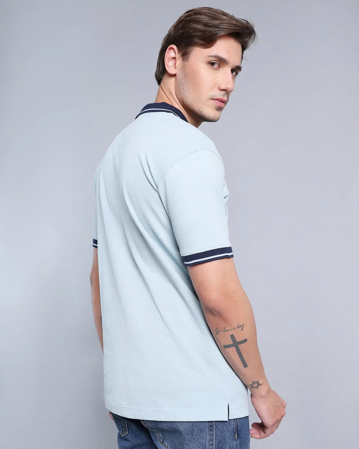 Ice Blue Pique Pima Stylised Polo Tee