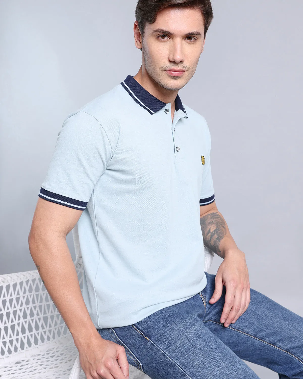Ice Blue Pique Pima Stylised Polo Tee