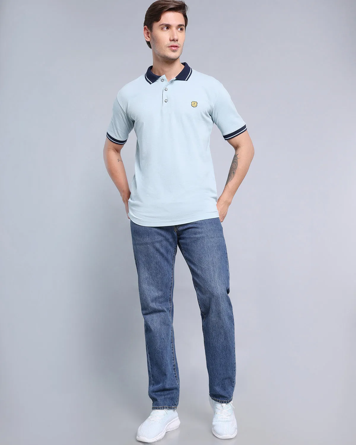 Ice Blue Pique Pima Stylised Polo Tee