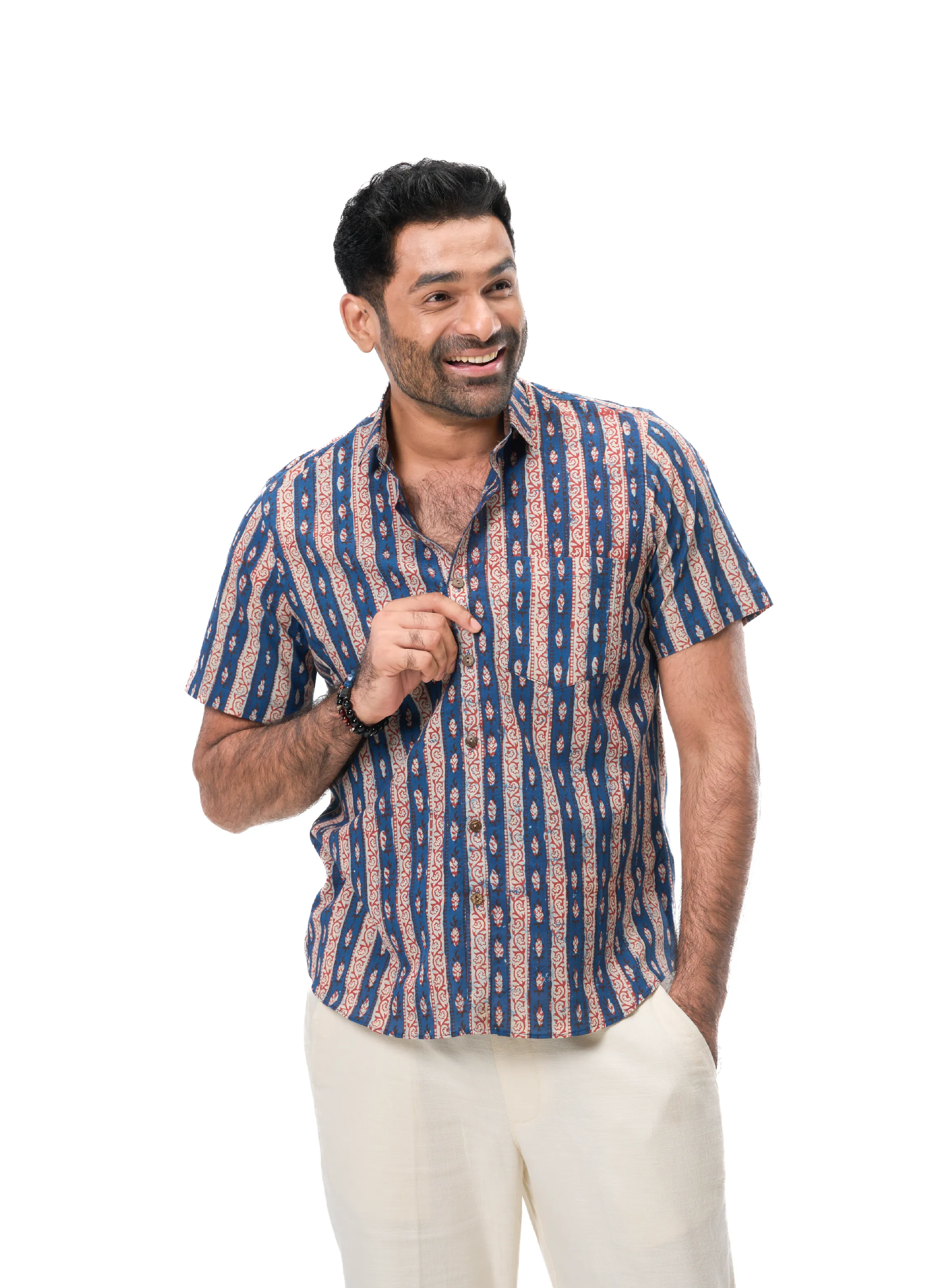 Indigo & Red Motif Border Print Men's Shirt