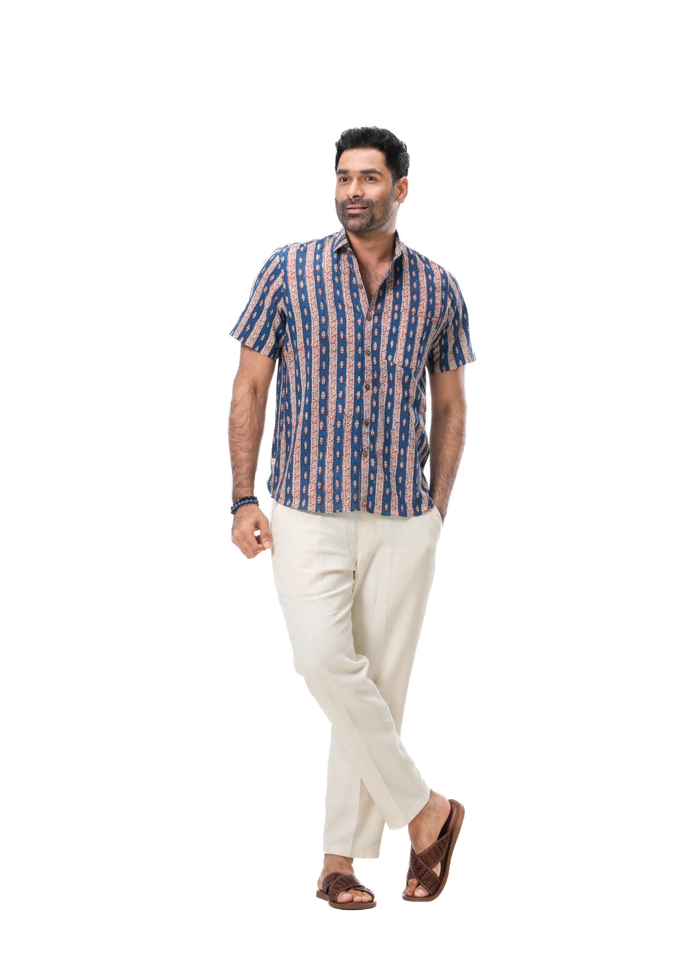 Indigo & Red Motif Border Print Men's Shirt