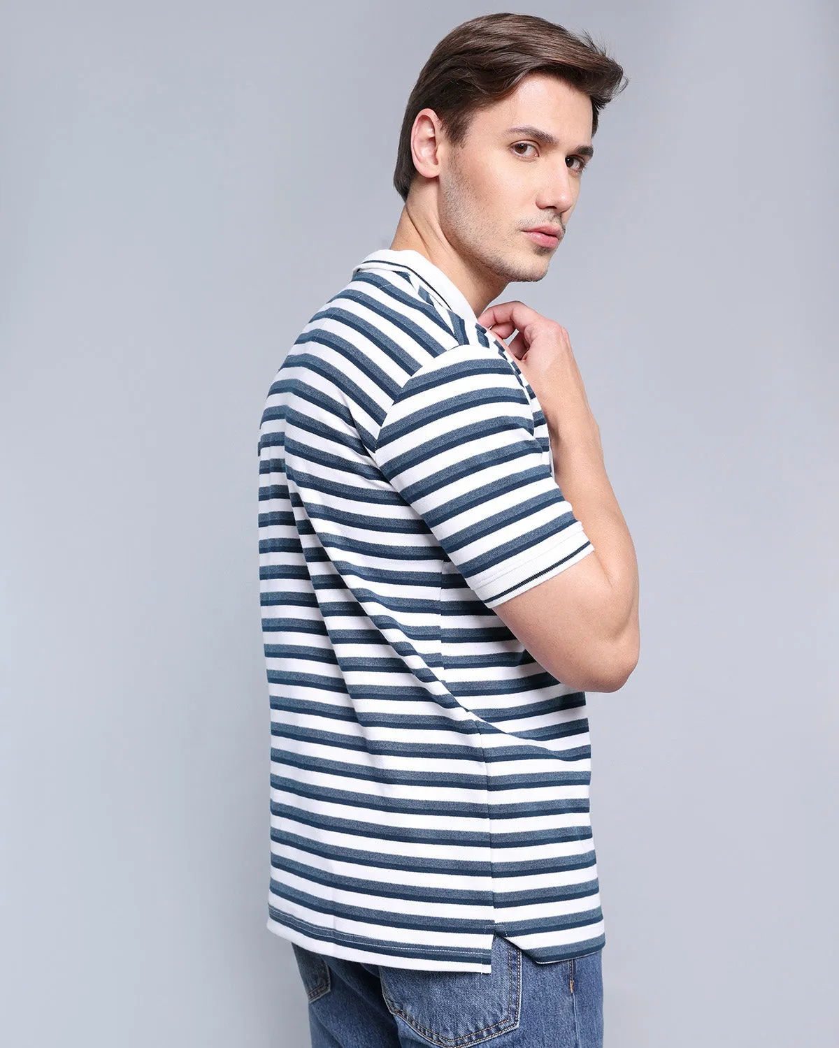 Jasmin White With Black And Grey MultiStriped Polo T-Shirt