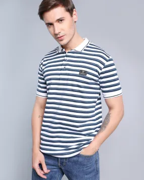 Jasmin White With Black And Grey MultiStriped Polo T-Shirt