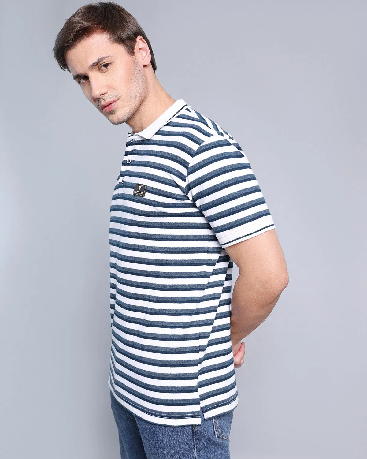 Jasmin White With Black And Grey MultiStriped Polo T-Shirt