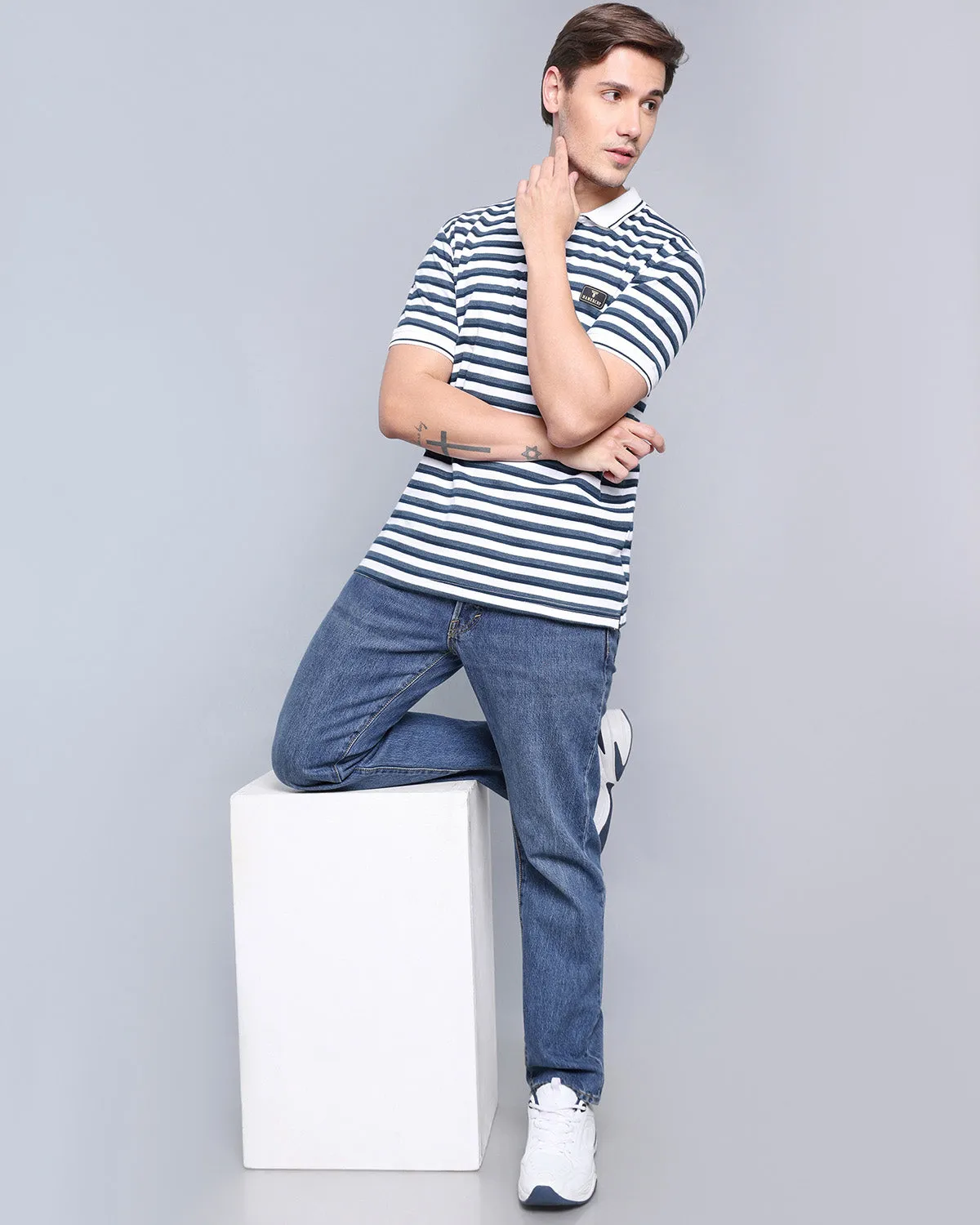Jasmin White With Black And Grey MultiStriped Polo T-Shirt