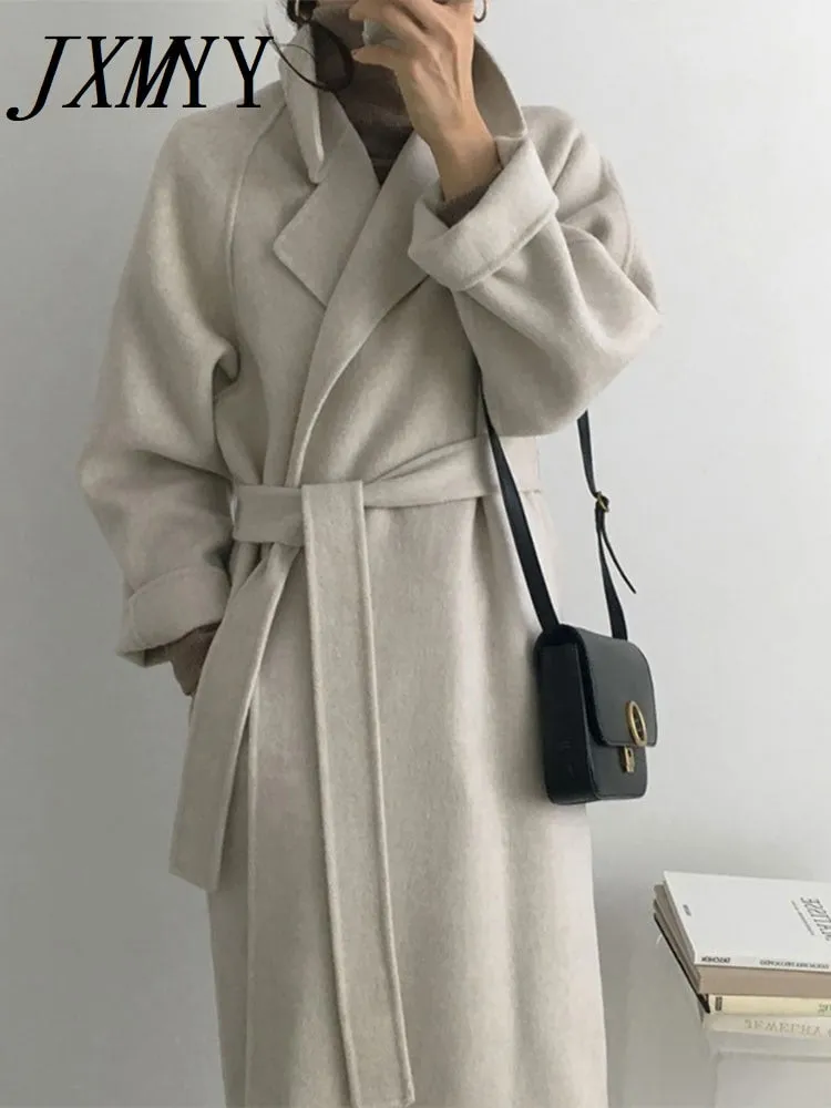 JXMYY French Lazy Style Warm Female Fresh Winter 2022 Classical Belt Retro Loose Women Woolen Coats Chic Casual Long Coat Long