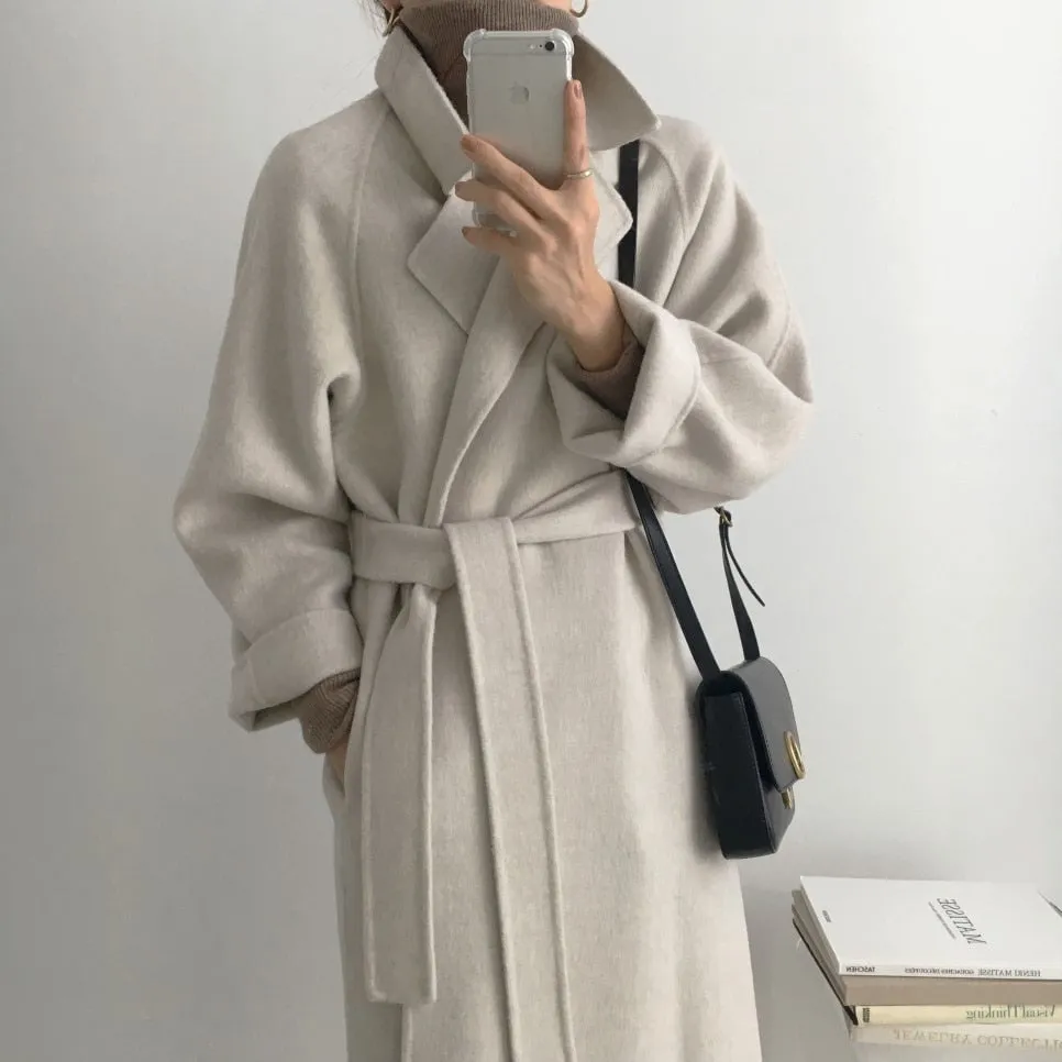 JXMYY French Lazy Style Warm Female Fresh Winter 2022 Classical Belt Retro Loose Women Woolen Coats Chic Casual Long Coat Long